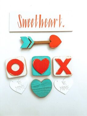 Sweetheart Valentine Wood Magnet Set - Teal & Coral Hearts